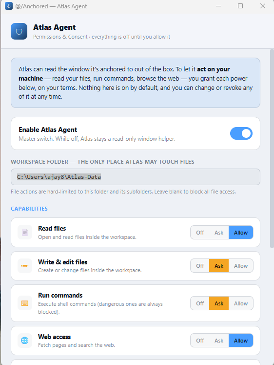 The Atlas permissions panel, each capability set to Off, Ask, or Allow