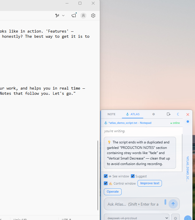 Atlas proactively flagging a garbled section in a script