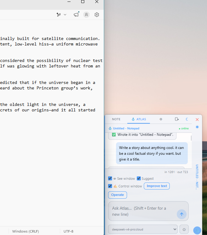 Atlas writing a full draft into a Notepad window on command